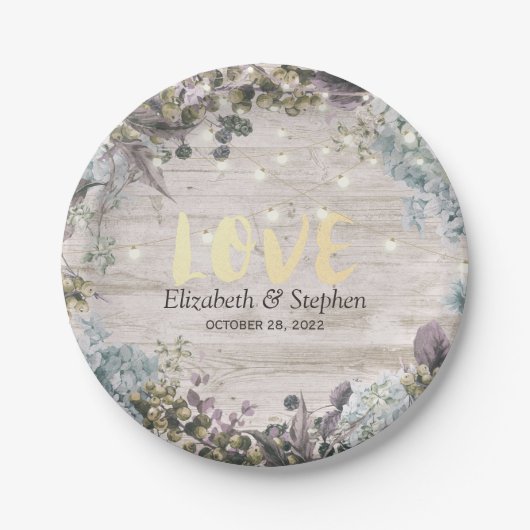 Polterabend Blumenstrauß und rustikales Holz Pappteller (Vorderseite)