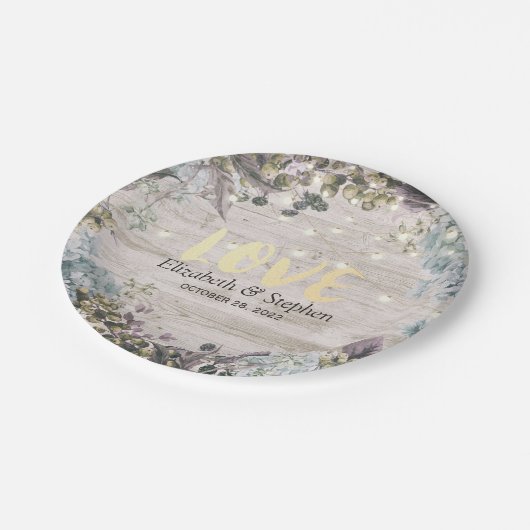 Polterabend Blumenstrauß und rustikales Holz Pappteller (Schrägansicht)