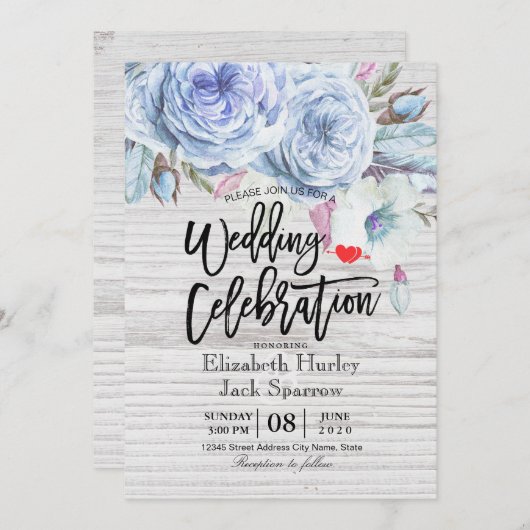 Polterabend Bohemische Blumenfeder Rustikales Holz Einladung (Vorne/Hinten)