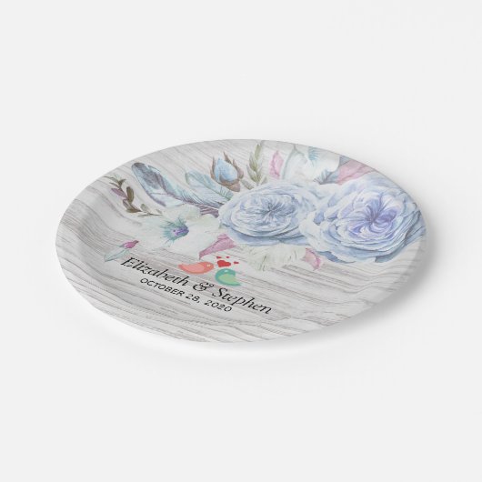 Polterabend Boho Blume & Feathers Rustikales Holz Pappteller (Schrägansicht)