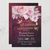 Polterabend Boho Floral Feathers Burgundy Red Einladung (Vorne/Hinten)