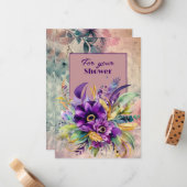 Polterabend Bouquet mit violetten Blumen Mitteilungskarte (Vorderseite/Rückseite Beispiel)