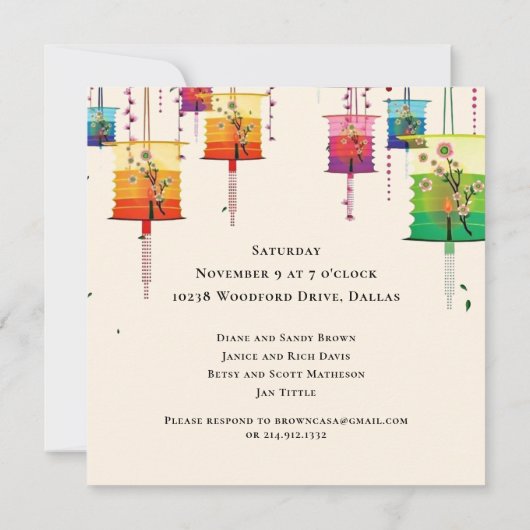 Polterabend der Kirschbaumvögel mit farbenfrohen L Einladung (Rückseite)