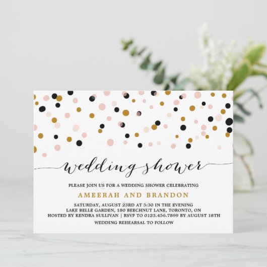 Polterabend für rosa, goldfarbene und schwarze Con Einladung (Stehend Vorderseite)