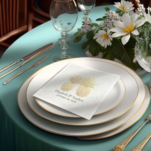 Polterabend Gold Foil Ananas Damask Paper Serviette