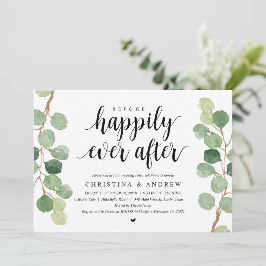 Polterabend. Greenery Eucalyptus Einladung (Stehend Vorderseite)