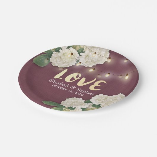 Polterabend Hydrangea String Light Burgundy Red Pappteller (Schrägansicht)