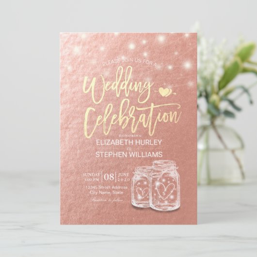 Polterabend Mason Jars String Lights Rose Gold Einladung (Stehend Vorderseite)