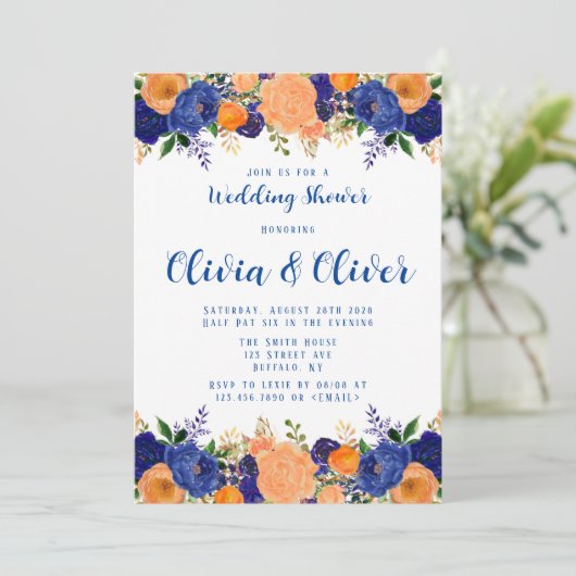 Polterabend Navy Blue Orange Botanals Florals Einladung (Stehend Vorderseite)