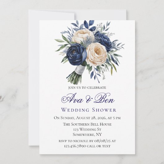Polterabend Navy Blue und Elfenbeinblume Einladung (Vorderseite)