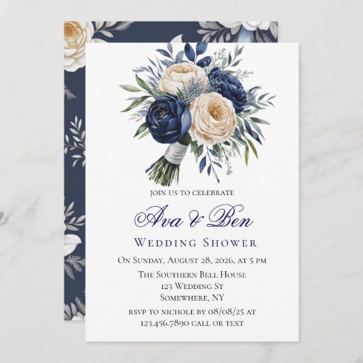 Polterabend Navy Blue und Elfenbeinblume Einladung (Vorne/Hinten)