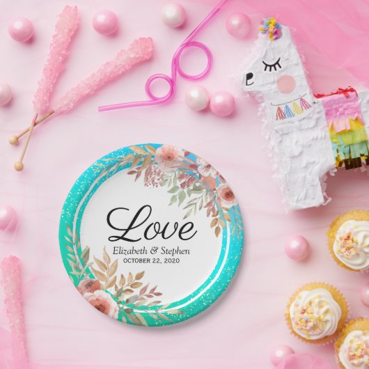 Polterabend Rosa Aquamarine Goldpunkte in Rosa Pappteller (Party)