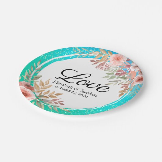 Polterabend Rosa Aquamarine Goldpunkte in Rosa Pappteller (Schrägansicht)