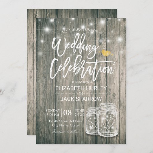 Polterabend Rustic Wood Mason Jar String Lights Einladung (Vorne/Hinten)