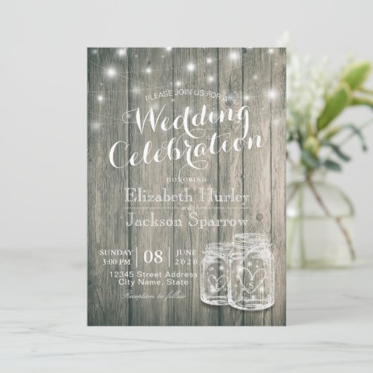 Polterabend Rustic Wood Mason Jar String Lights Einladung (Stehend Vorderseite)