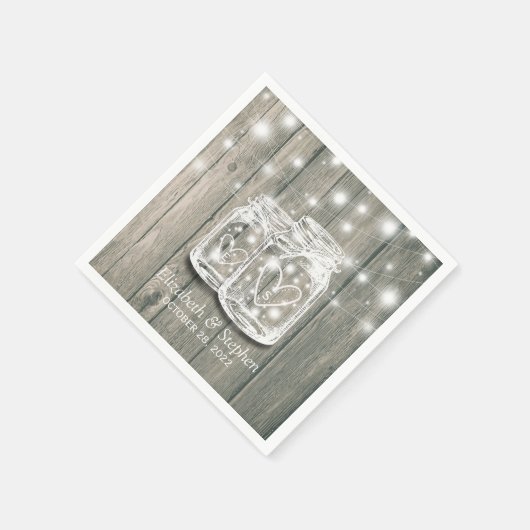 Polterabend Rustic Wood Mason Jar String Lights Serviette (Ecke)