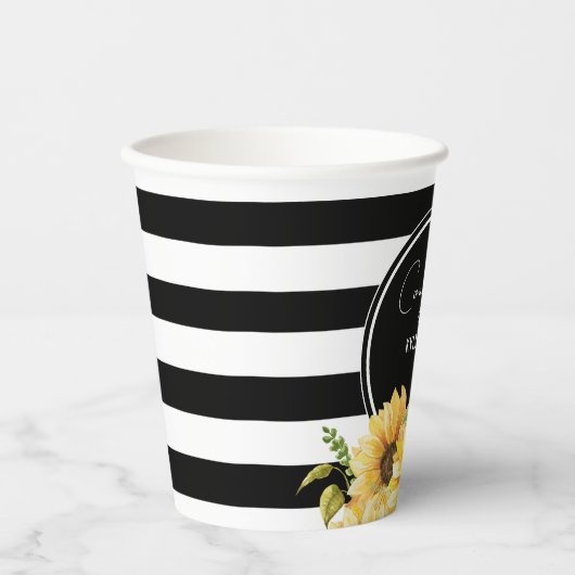 Polterabend Sonnenblumen Schwarz und Weiß Streifen Pappbecher (Vorderseite)