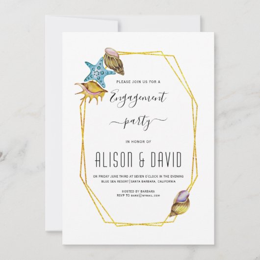 Polygon, Seashells Beach Hochzeitsfeier Einladung (Vorderseite)