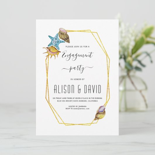 Polygon, Seashells Beach Hochzeitsfeier Einladung (Stehend Vorderseite)