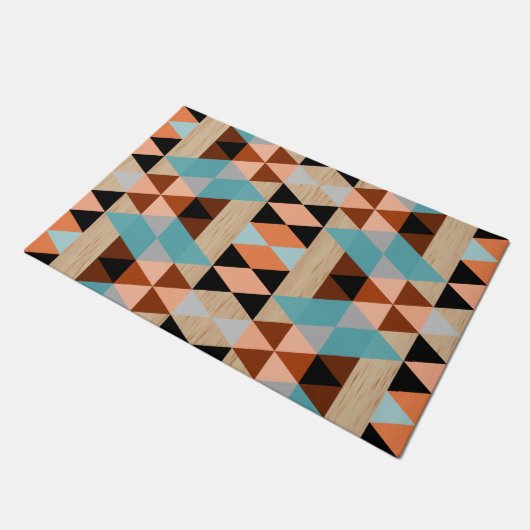 Polygon Squares Triangle Wood Tribal Mosaik Art Fußmatte (Schrägansicht)