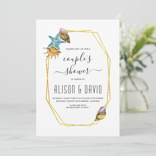 Polygon und Muscheln Strand Hochzeitssuite Dusche Einladung (Stehend Vorderseite)