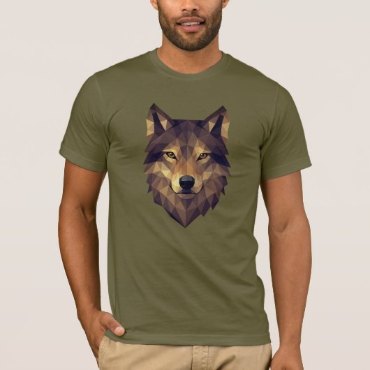 Polygonal Wolf Kopf Geometrische Kunst in Erdtönen T-Shirt (Vorderseite)