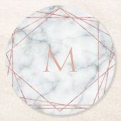 Polygonale Rose Gold Monogramm auf weißem Marmorst Runder Pappuntersetzer (Vorderseite)