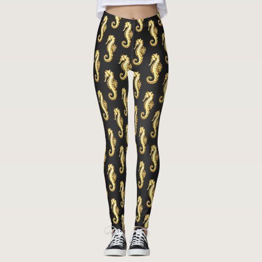 Polygonales Gold-Seepferd Leggings (Vorderseite)