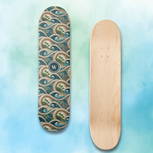 Polynesian Tropical Wave Palm Trees Pattern Name Skateboard