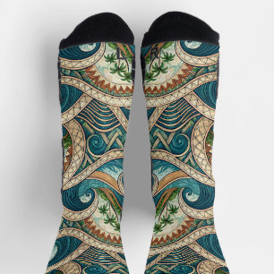 Polynesien-Tropische-Wellen-Palmen-Mustername Socken