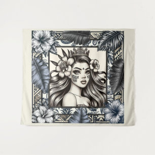 Polynesische Prinzessin Blaue Blumen Tribal Wandteppich