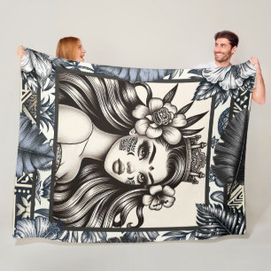 Polynesische Prinzessin Blaues Blumen-Tribal Fleecedecke