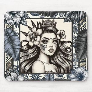Polynesische Prinzessin Blaues Blumen-Tribal-Muste Mousepad
