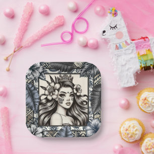 Polynesische Prinzessin Blaues Blumen-Tribal Pappteller