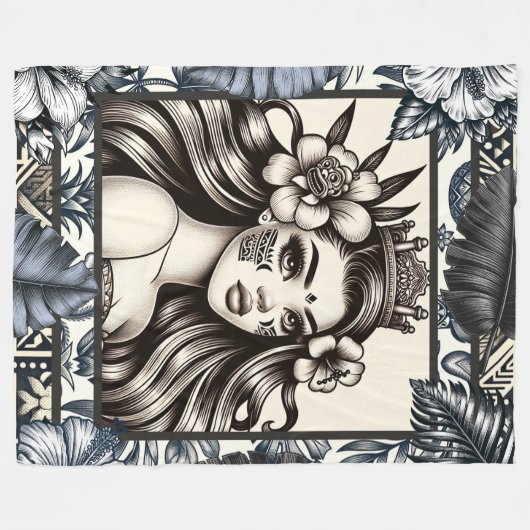 Polynesischer Prinzessin Blauer Blumenstamm Fleecedecke (Vorderseite (Horizontal))