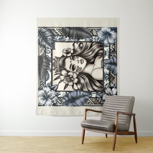 Polynesischer Prinzessin Blauer Blumenstamm Wandteppich (Beispiel)