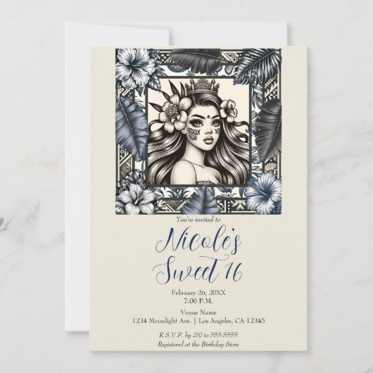 Polynesischer Prinzessin Blauer Flora Tribal Sweet Einladung (Vorderseite)