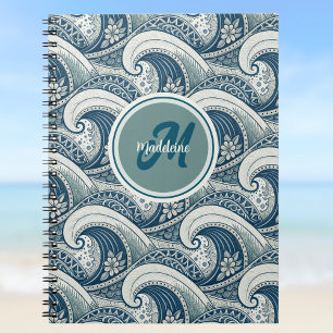 Polynesisches Beach Waves and Blume Ocean Pattern Notizblock