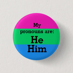 Polysexualitätsflagge mit Pronomen Er/Ihn Button
