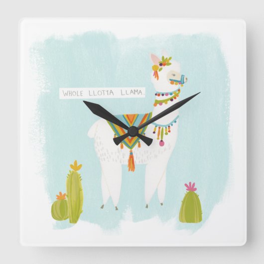 Pom Pom Llama Rama - Whole Lotta Llama Quadratische Wanduhr (Vorderseite)