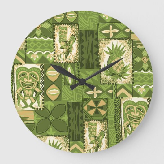 Pomaika’i Tiki Hawaiian Vintag Tapa Große Wanduhr (Vorderseite)