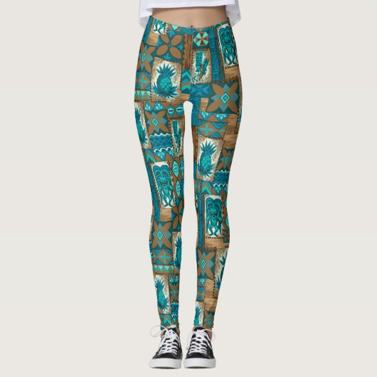 Pomaika’i Tiki Hawaiian Vintages tropisches Tapa Leggings (Vorderseite)