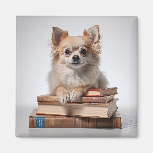 Pomchi auf einem Stapel Bücher Magnet (Vorne)