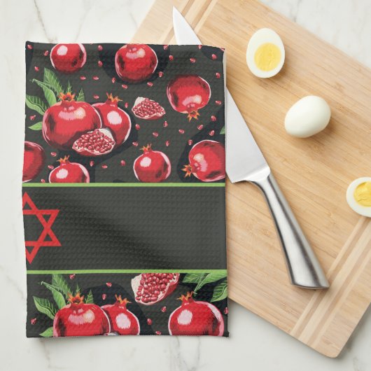 Pomegranate auf Schwarz-Juden Rosh Hashanah Star Geschirrtuch (Viertel Falte)