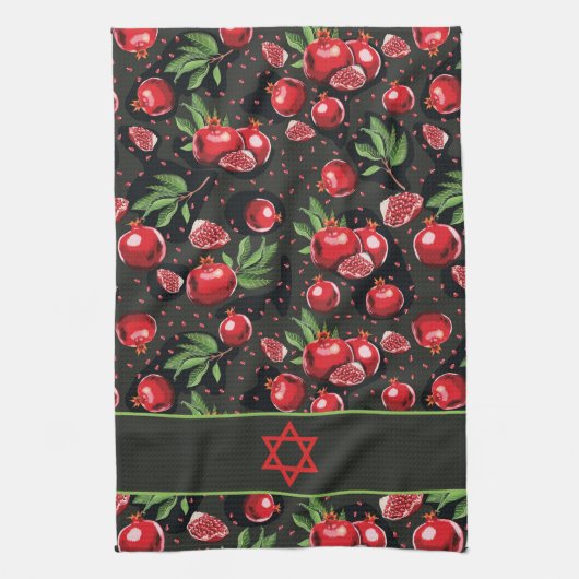 Pomegranate auf Schwarz-Juden Rosh Hashanah Star Geschirrtuch (Vertikal)