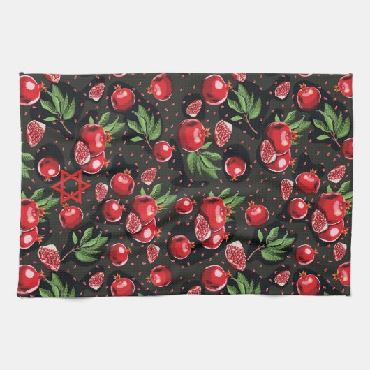 Pomegranate auf Schwarz-Juden Rosh Hashanah Star Geschirrtuch (Horizontal)