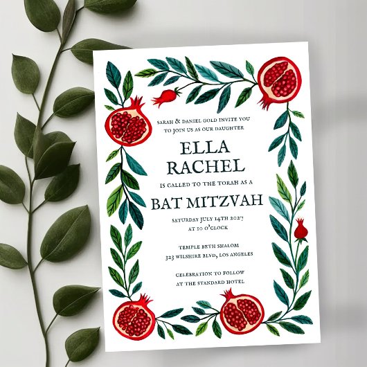 Pomegranate Custom Bat Bar Mitzvah Wasserfarbe Einladung