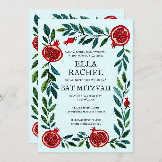 Pomegranate Custom B'nai Bat Bar Mitzvah QR Code Einladung (Vorne/Hinten)