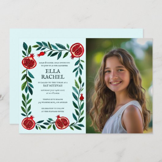 Pomegranate Custom FOTO B'nai Bat Bar Mitzvah Einladung (Vorne/Hinten)