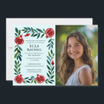Pomegranate Custom FOTO B'nai Bat Bar Mitzvah Einladung<br><div class="desc">Perfekte Karte, um eine Bar mitzvah, Fledermausmitzvah oder andere jüdische Feier anzukündigen! Handgemachte Kunst für Sie! Vollständig anpassbar! Klicken Sie auf "Personalisieren" oben, um den Text zu bearbeiten und Ihr eigenes Foto hinzuzufügen. Klicken Sie auf "Bearbeiten mit dem Designwerkzeug", um die Schriftart, Farben und Einstellungen anzupassen. Auch können Sie den...</div>